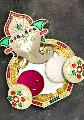 Rakhi Combo For Brother With Dish Roli And Chaval Coin And Greeting Card