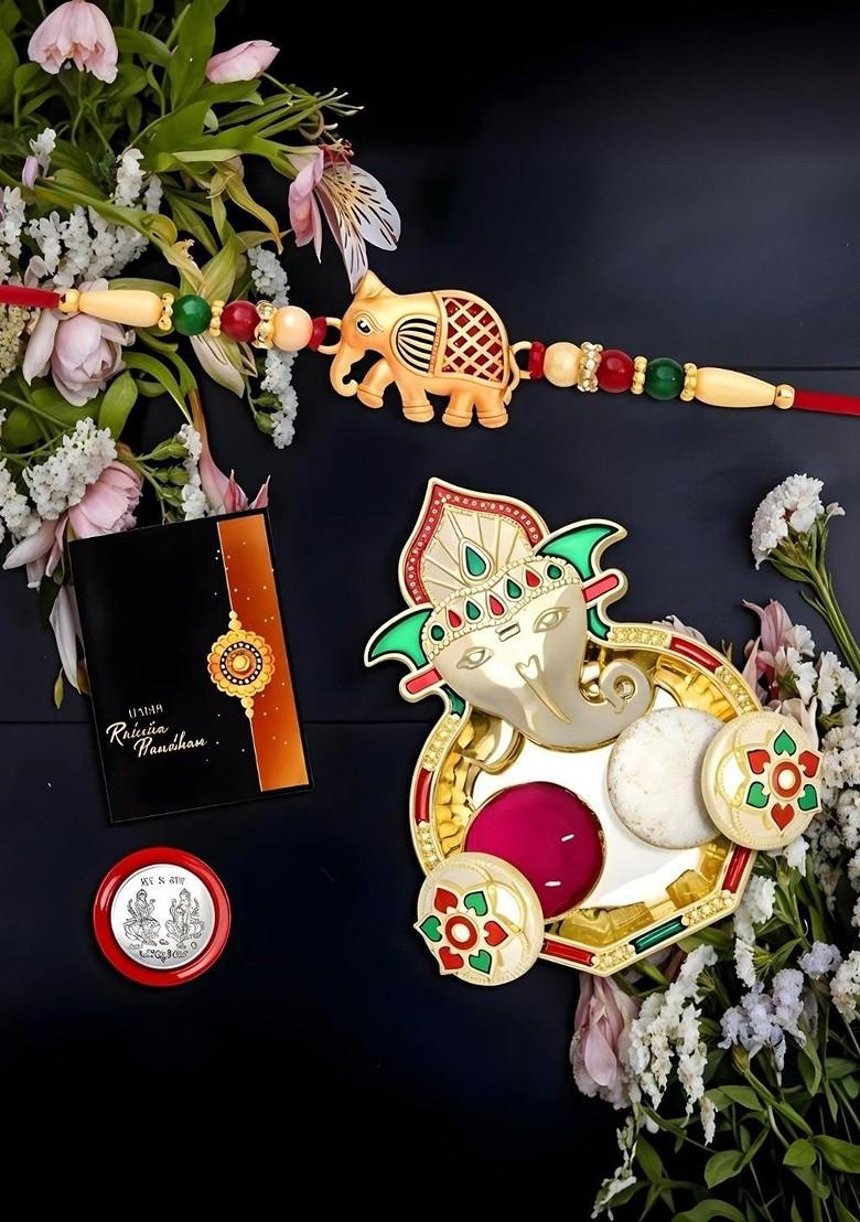 Rakhi Combo For Brother With Dish Roli And Chaval Coin And Greeting Card