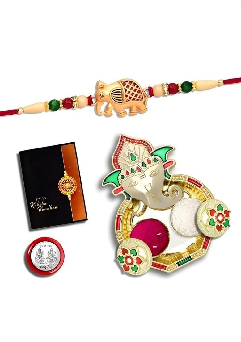 Rakhi Combo For Brother With Dish Roli And Chaval Coin And Greeting Card