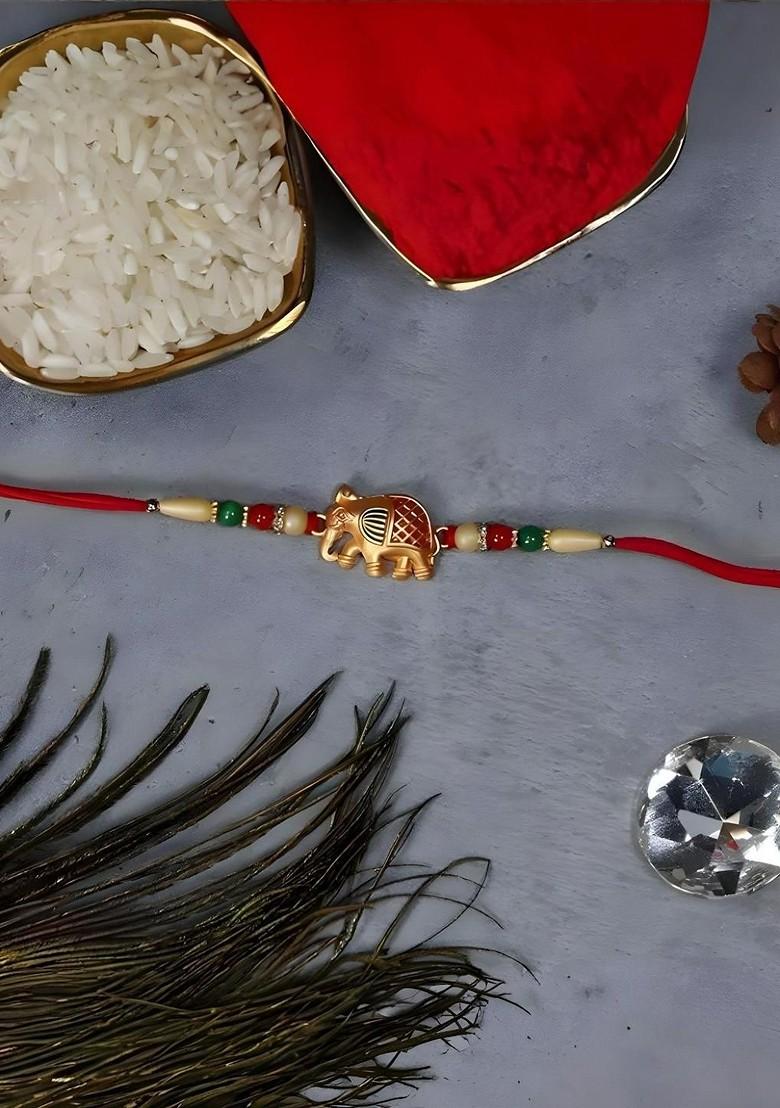 Rakhi Combo For Brother With Dish Roli And Chaval Coin And Greeting Card