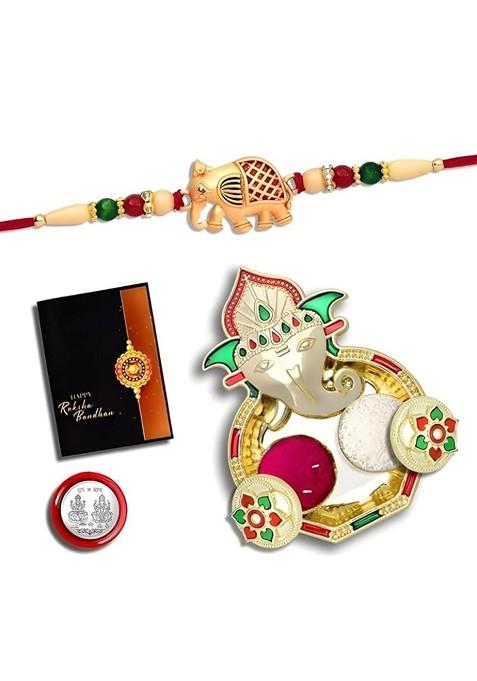 Rakhi Combo For Brother With Dish Roli And Chaval Coin And Greeting Card