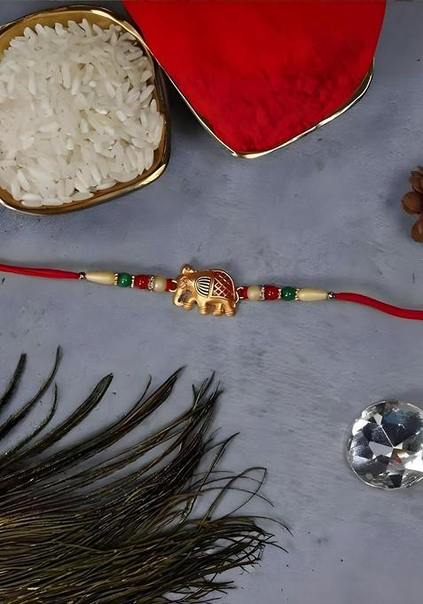 Rakhi Combo For Brother With Dish Roli And Chaval Coin And Greeting Card