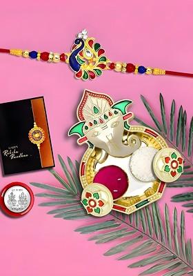 Rakhi Combo For Brother With Dish Roli And Chaval Coin And Greeting Card