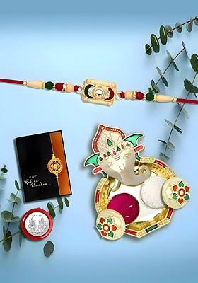 Rakhi Combo For Brother With Dish Roli And Chaval Coin And Greeting Card