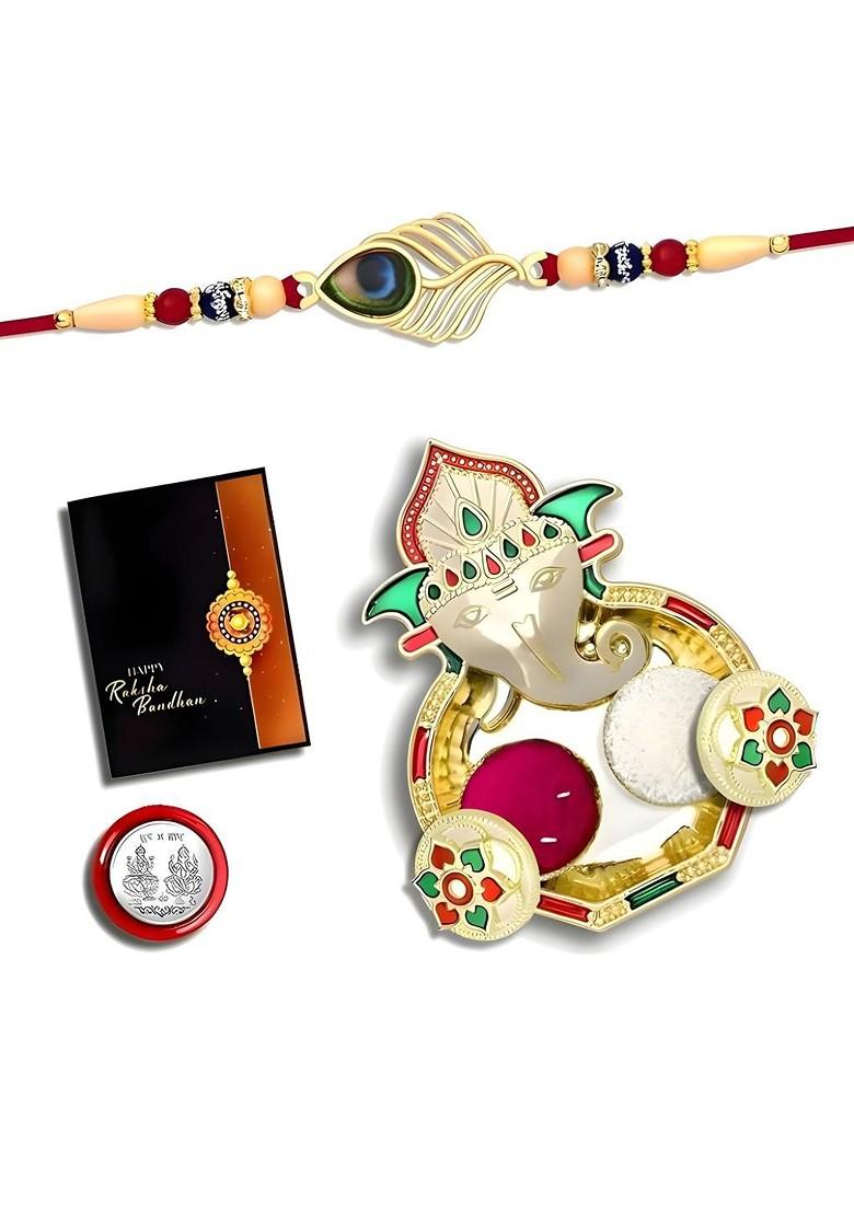 Rakhi Combo For Brother With Dish Roli And Chaval Coin And Greeting Card