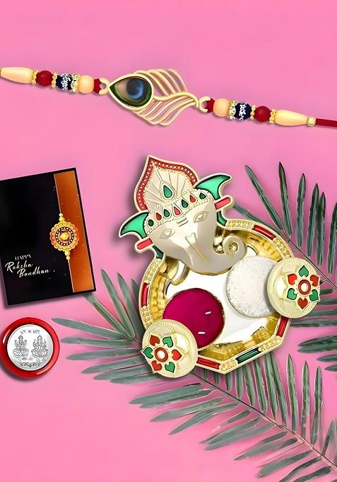 Rakhi Combo For Brother With Dish Roli And Chaval Coin And Greeting Card