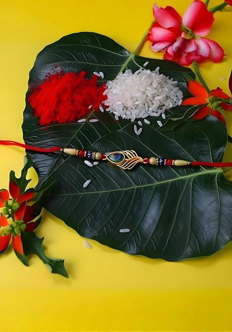 Rakhi Combo For Brother With Dish Roli And Chaval Coin And Greeting Card