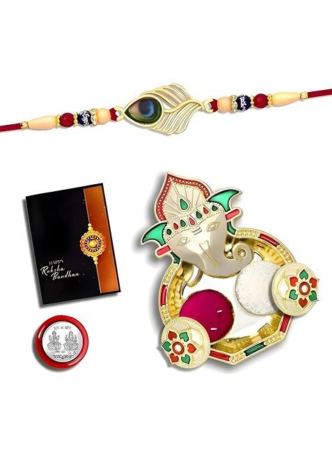 Rakhi Combo For Brother With Dish Roli And Chaval Coin And Greeting Card