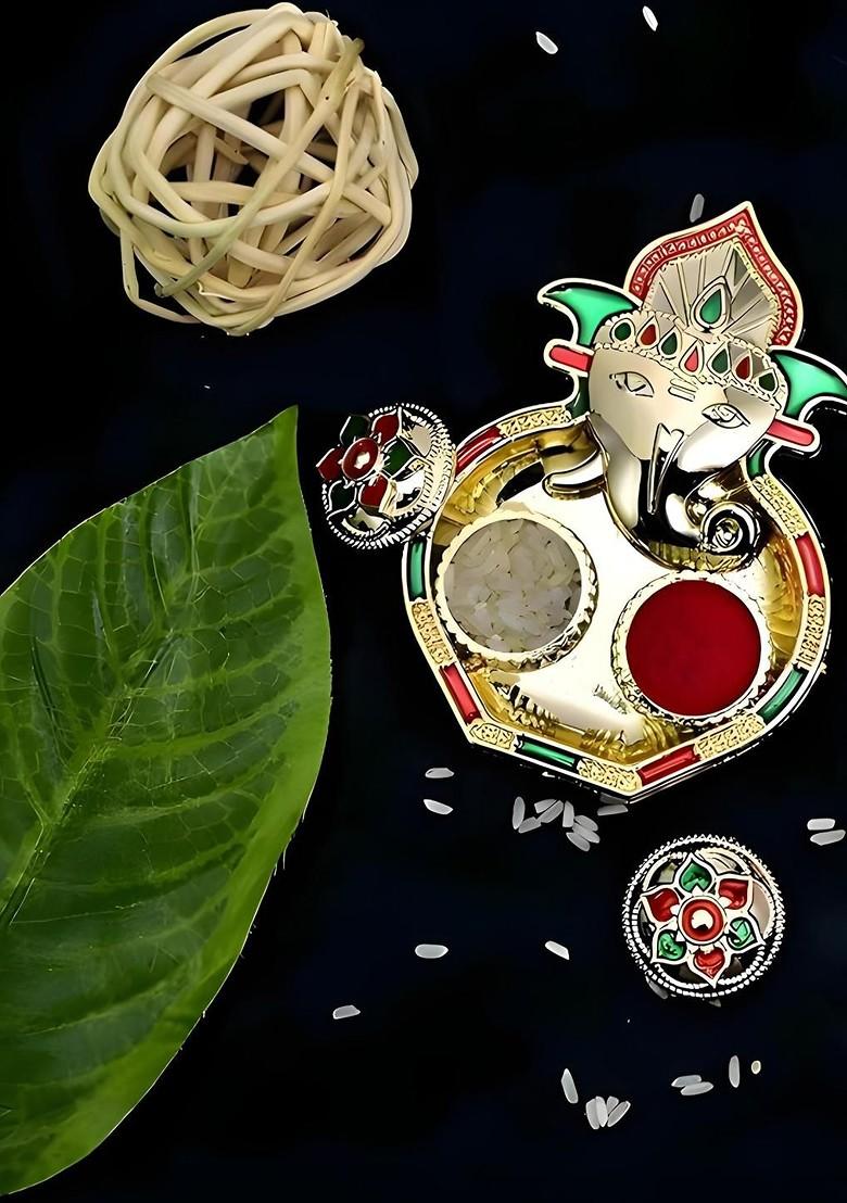 Rakhi Combo For Brother With Dish Roli And Chaval Coin And Greeting Card