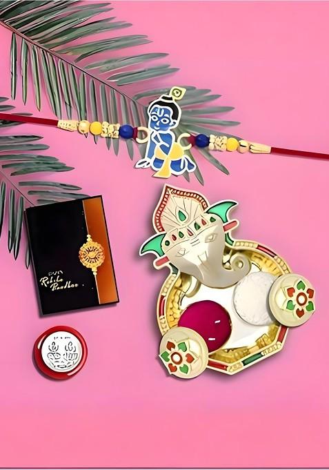 Rakhi Combo For Brother With Dish Roli And Chaval Coin And Greeting Card