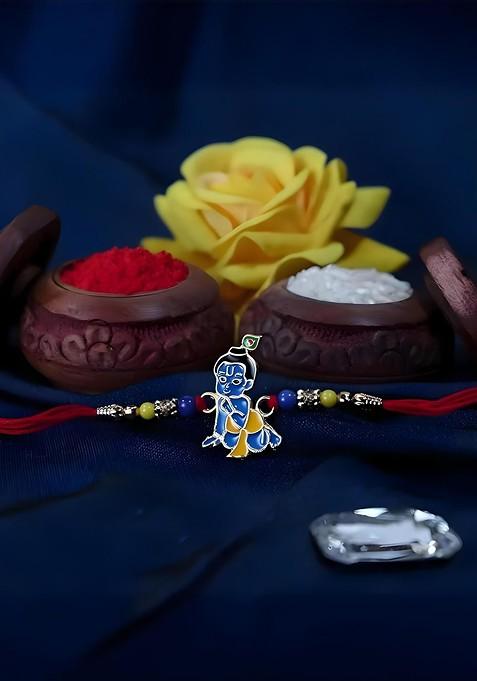 Rakhi Combo For Brother With Dish Roli And Chaval Coin And Greeting Card