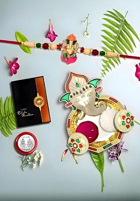 Rakhi Combo For Brother With Dish Roli And Chaval Coin And Greeting Card Set Of 5