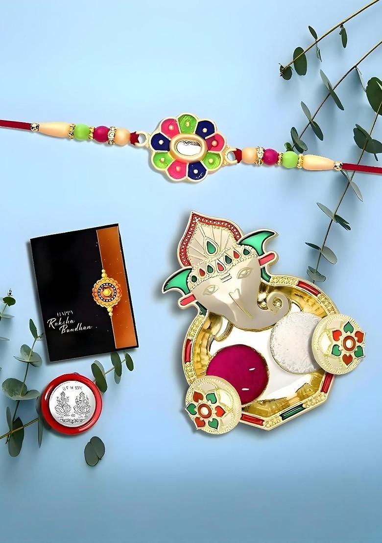 Rakhi Combo For Brother With Dish Roli And Chaval Coin And Greeting Card