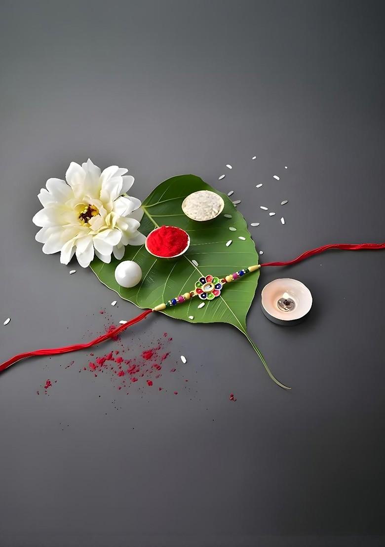 Rakhi Combo For Brother With Dish Roli And Chaval Coin And Greeting Card