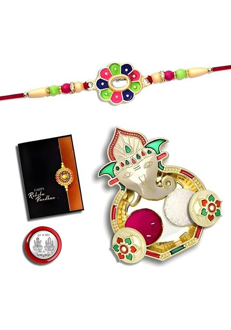 Rakhi Combo For Brother With Dish Roli And Chaval Coin And Greeting Card