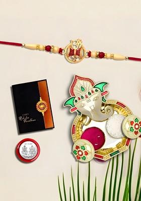 Multicolor Rakhi Combo With Pooja Thali Pooja Coin Roli Chawal And Greeting Card