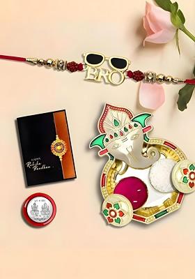 Rakhi Set With Dish Silver Coin And Greeting Card