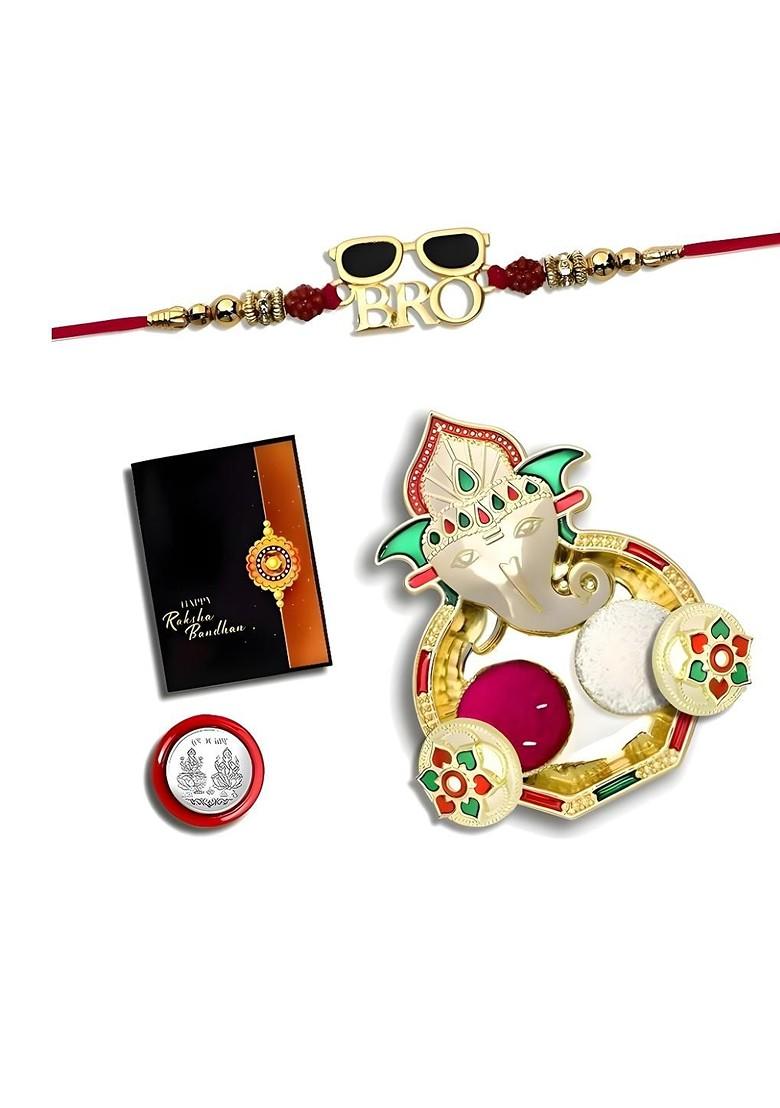 Rakhi Set With Dish Silver Coin And Greeting Card