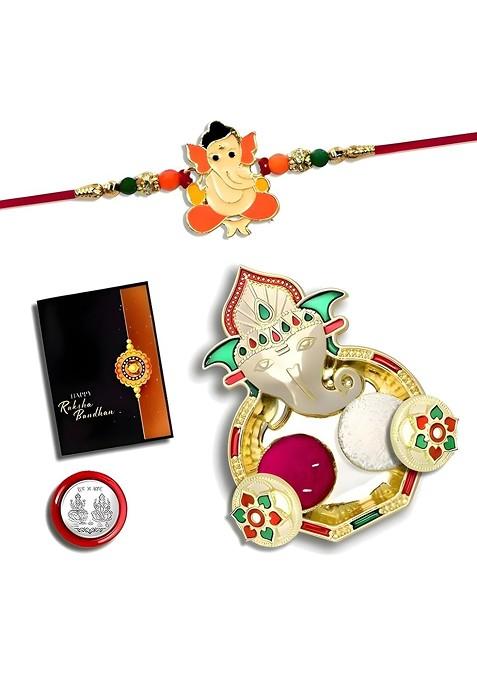 Rakhi For Brother Set With Dish Silver Coin And Greeting Card Rakhi Combo For Brother