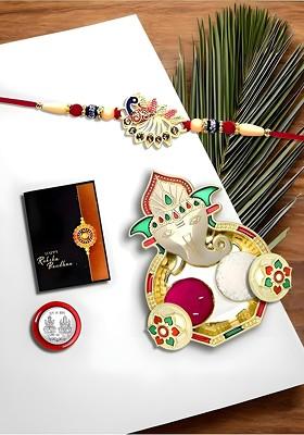 Rakhi Set With Dish Silver Coin And Greeting Card
