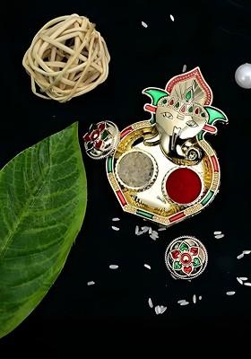 Multicolor Rakhi Combo With Pooja Thali Pooja Coin Roli Chawal And Greeting Card