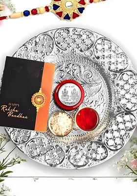 Rakhi Combo With Silver Color Pooja Thali Pooja Coin Roli Chawal And Greeting Card