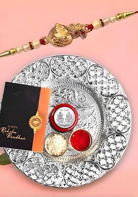 Rakhi Combo With Silver Color Pooja Thali Pooja Coin Roli Chawal And Greeting Card