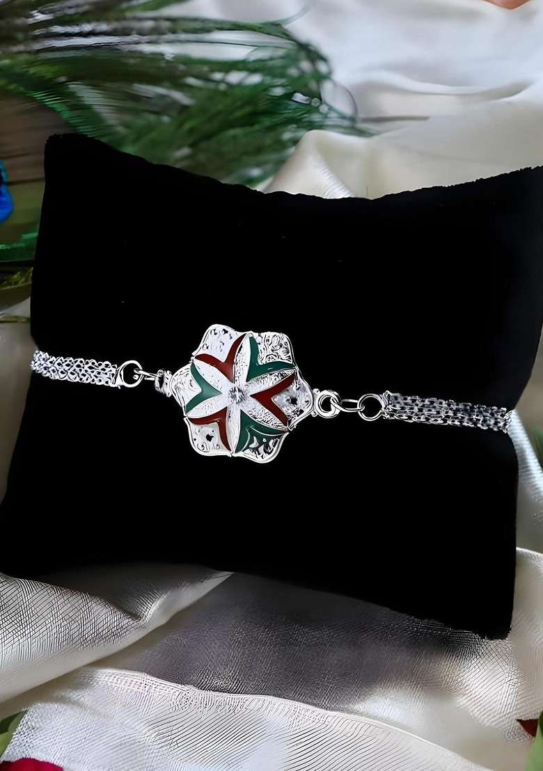 Rakhi Combo For Brother With Dish Pooja Coin Roli Chawal And Greeting Card - Indya