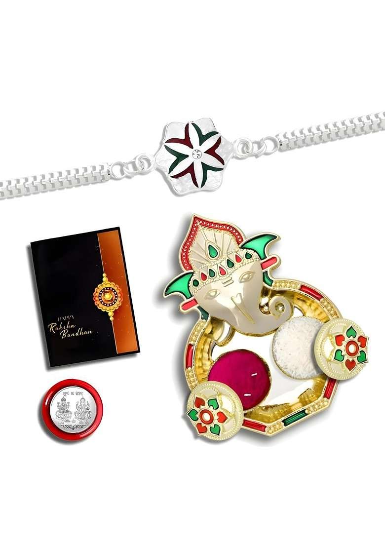 Rakhi Combo For Brother With Dish Pooja Coin Roli Chawal And Greeting Card - Indya