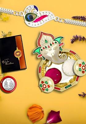 Rakhi Combo For Brother With Dish Pooja Coin Roli Chawal And Greeting Card