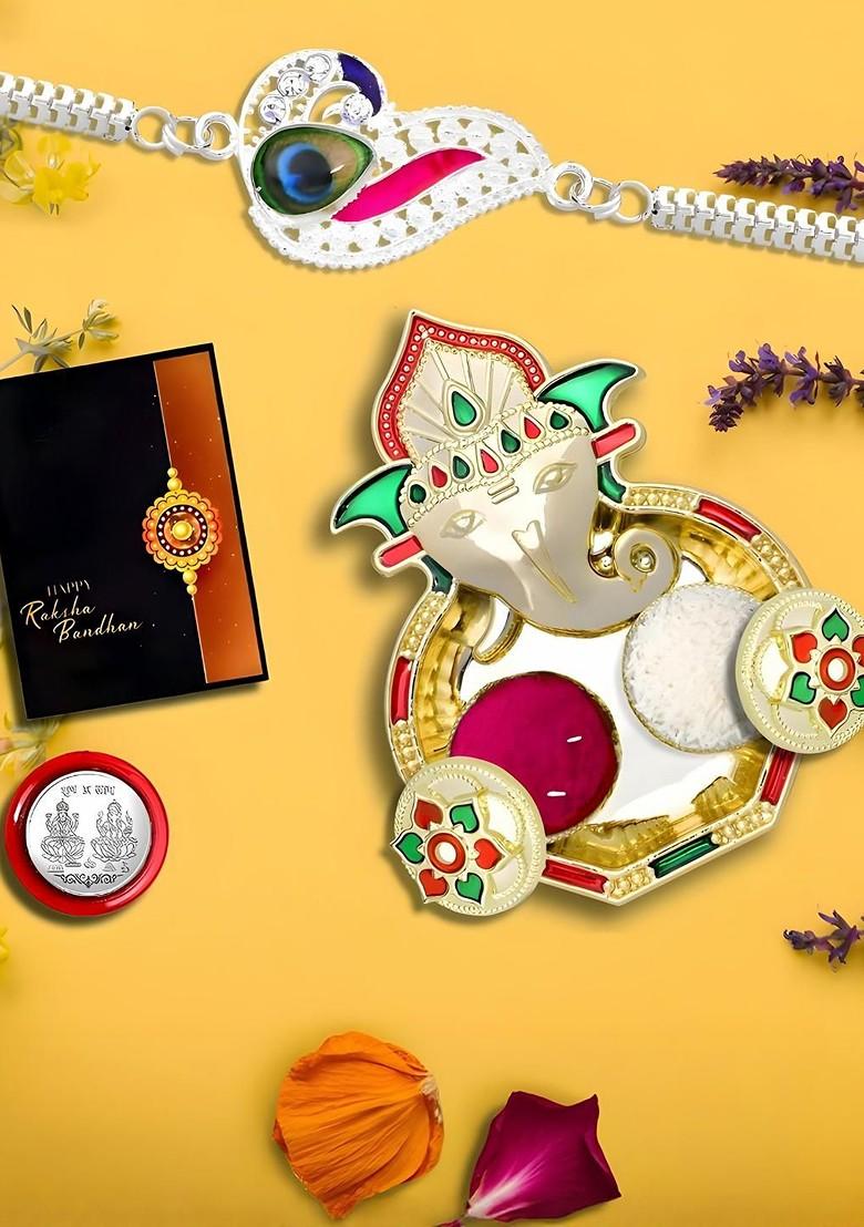Rakhi Combo For Brother With Dish Pooja Coin Roli Chawal And Greeting Card