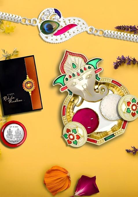 Rakhi Combo For Brother With Dish Pooja Coin Roli Chawal And Greeting Card