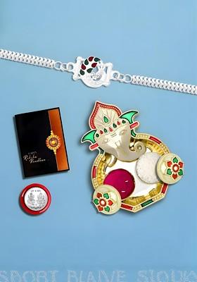 Rakhi Combo For Brother With Dish Pooja Coin Roli Chawal And Greeting Card