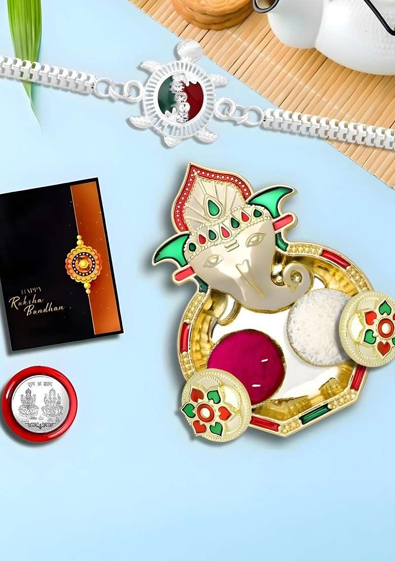 Rakhi Combo For Brother With Dish Pooja Coin Roli Chawal And Greeting Card - Indya