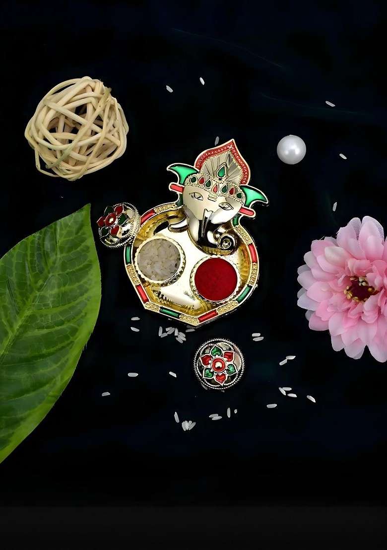 Rakhi Combo For Brother With Dish Pooja Coin Roli Chawal And Greeting Card - Indya