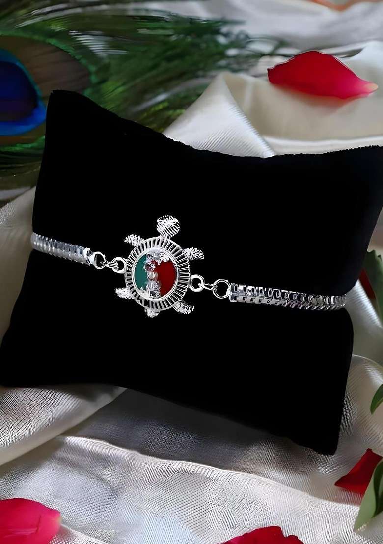 Rakhi Combo For Brother With Dish Pooja Coin Roli Chawal And Greeting Card - Indya