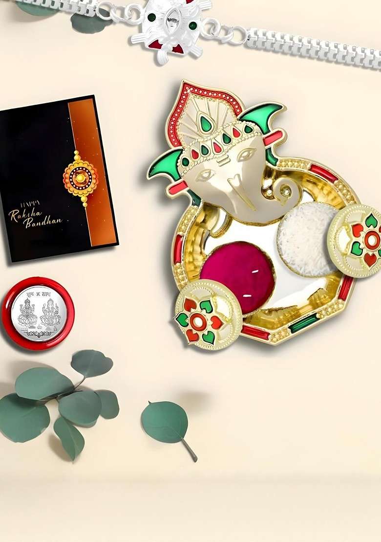 Rakhi Combo For Brother With Dish Pooja Coin Roli Chawal And Greeting Card - Indya