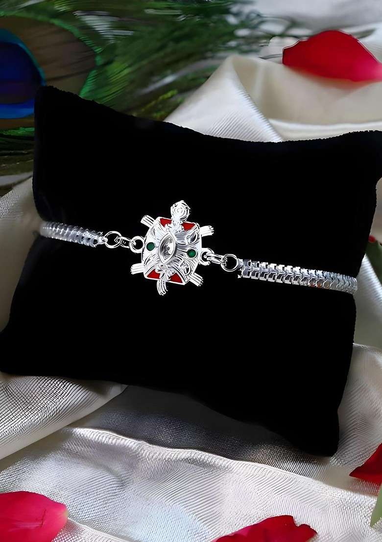Rakhi Combo For Brother With Dish Pooja Coin Roli Chawal And Greeting Card - Indya