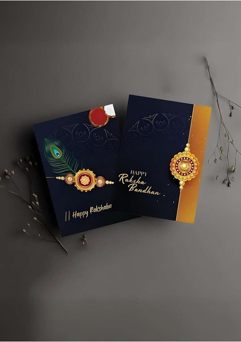 Rakhi Combo For Brother With Dish Pooja Coin Roli Chawal And Greeting Card - Indya