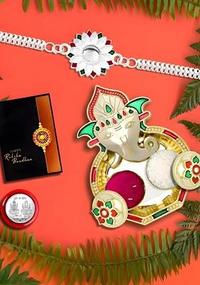 Rakhi Combo For Brother With Dish Pooja Coin Roli Chawal And Greeting Card