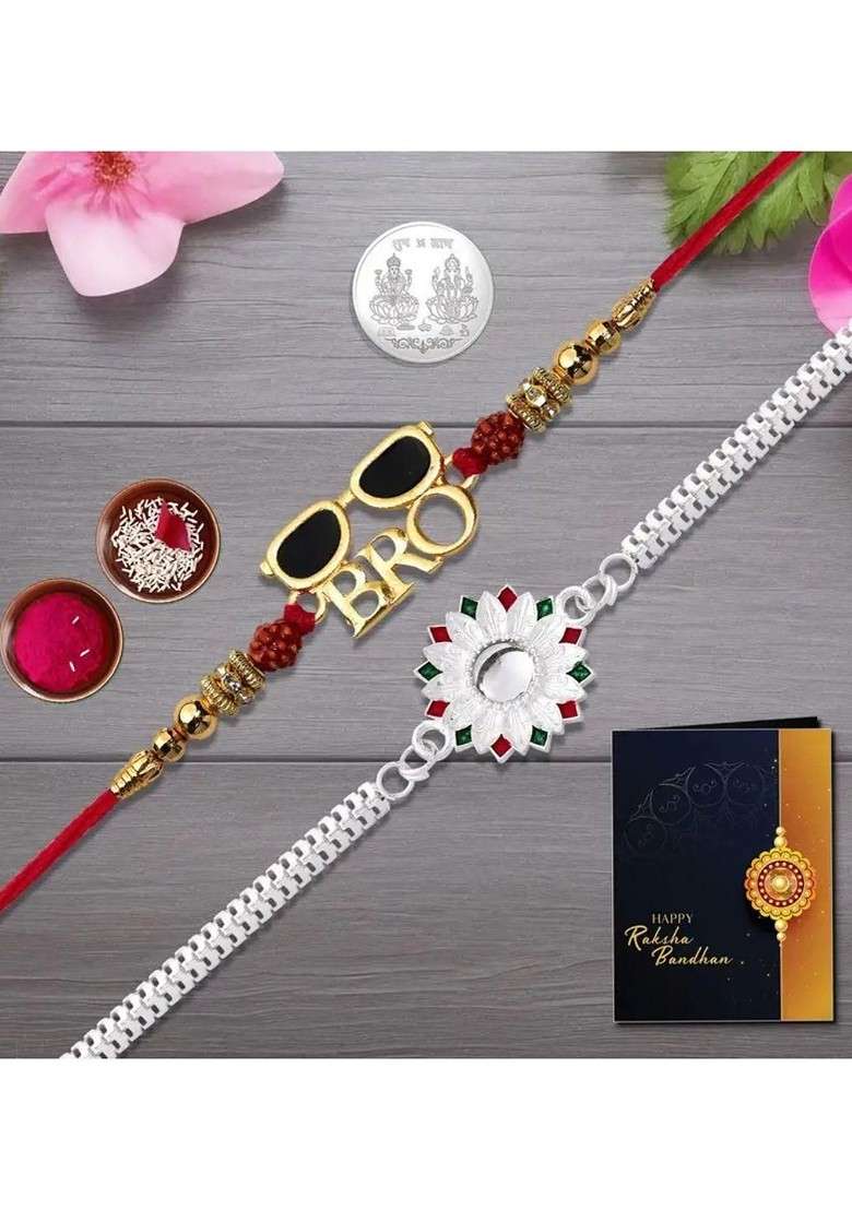 2 Piece Rakhi And Greeting Card With Roli Chawal And Silver Toned Coin Gift Set) - Indya