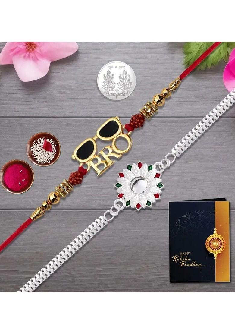2 Piece Rakhi And Greeting Card With Roli Chawal And Silver Toned Coin Gift Set)
