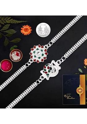 2 Piece Rakhi And Greeting Card With Roli Chawal And Silver Toned Coin Gift Set