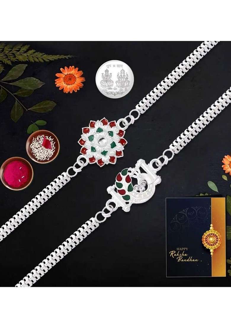 2 Piece Rakhi And Greeting Card With Roli Chawal And Silver Toned Coin Gift Set - Indya