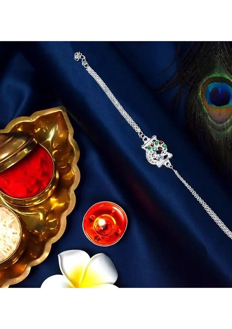 2 Piece Rakhi And Greeting Card With Roli Chawal And Silver Toned Coin Gift Set