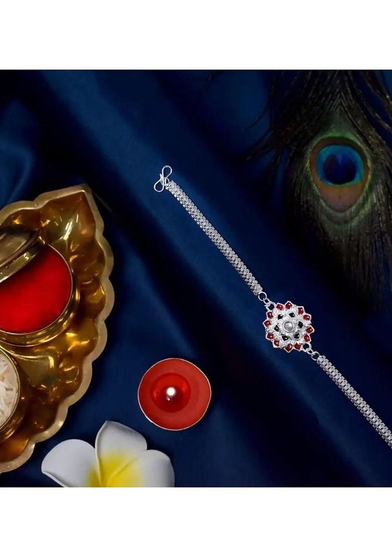 2 Piece Rakhi And Greeting Card With Roli Chawal And Silver Toned Coin Gift Set