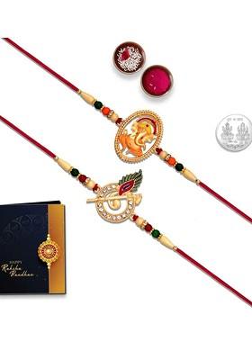 Red And Gold Toned Rakhi Roli Chawal Greeting Card And Coin Gift Set