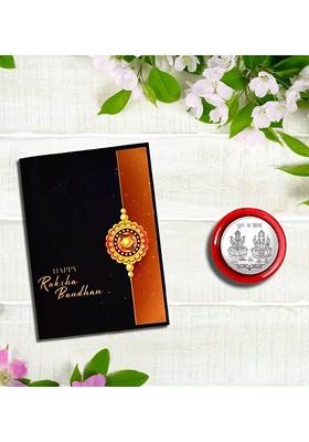 Rakhi And Greeting Card With Roli Chawal And Silver Toned Coin Gift Set