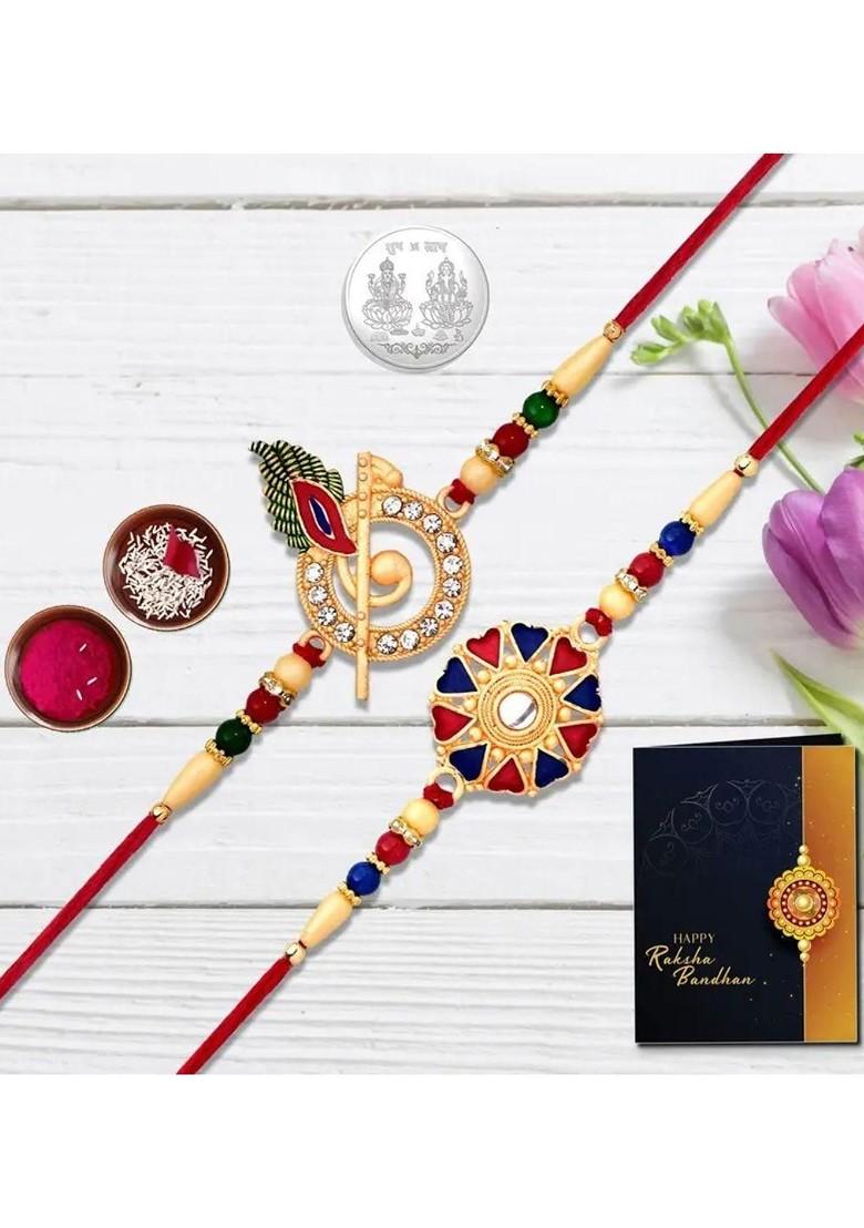 2 Piece Beaded Rakhi And Greeting Card With Roli Chawal And Silver Toned Coin Gift Set