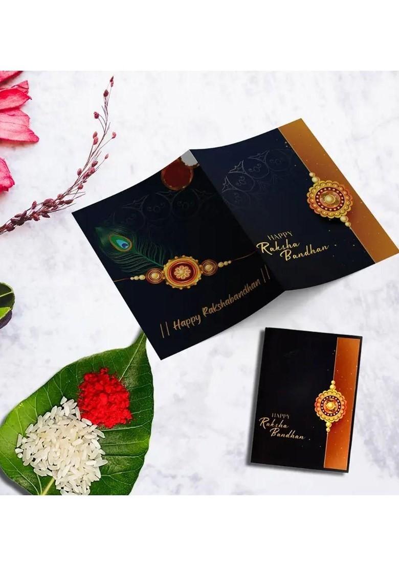 2 Piece Beaded Rakhi And Greeting Card With Roli Chawal And Silver Toned Coin Gift Set